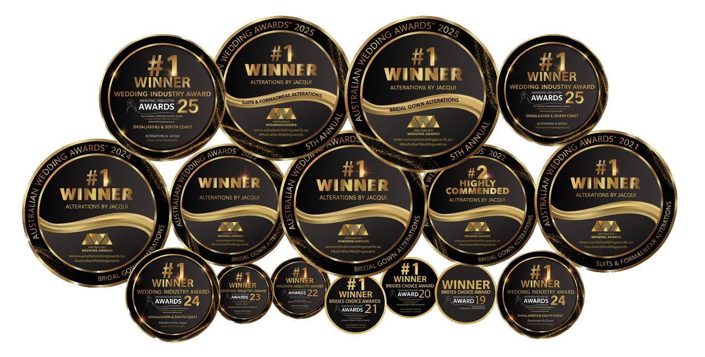 Australian National Wedding Awards medallions won by Alterations by Jacqui 2021-2025