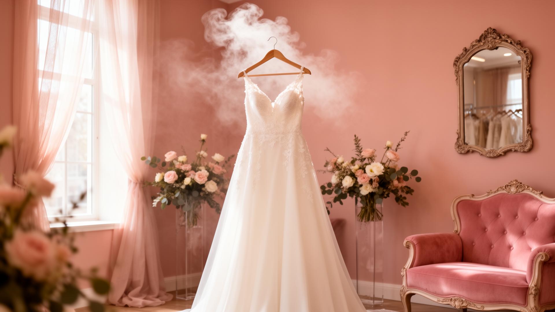 Steaming a flowing white wedding dress on site
